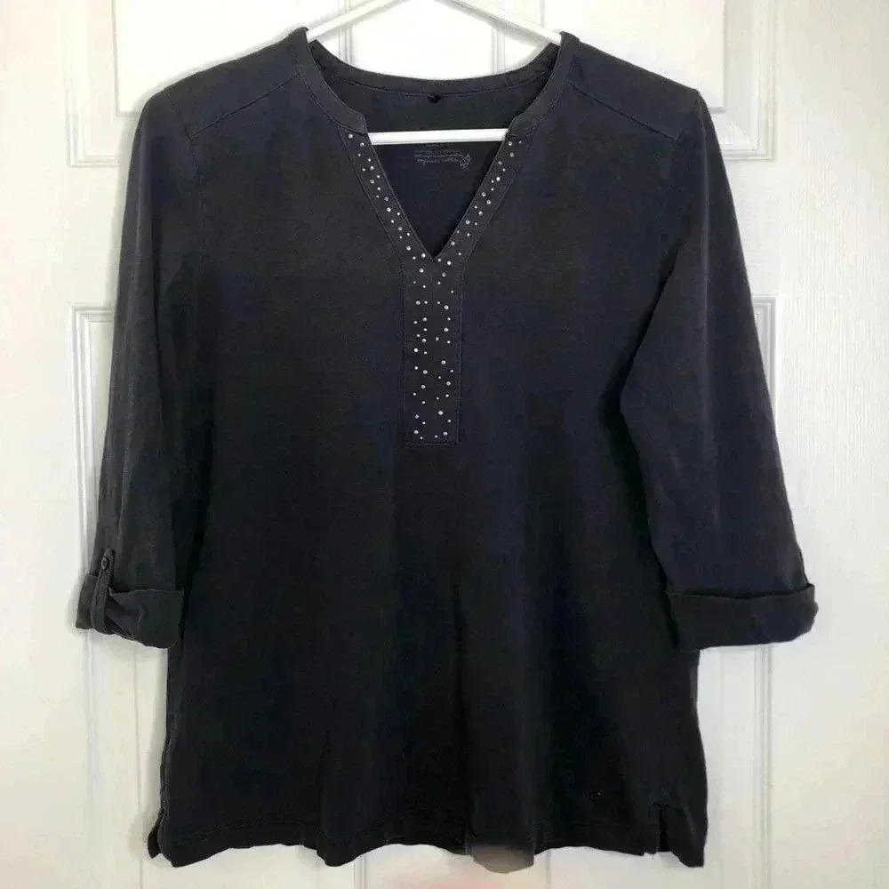 Olsen Europe  Tunic Shirt Dark Blue Rivets V-Neck Size 8